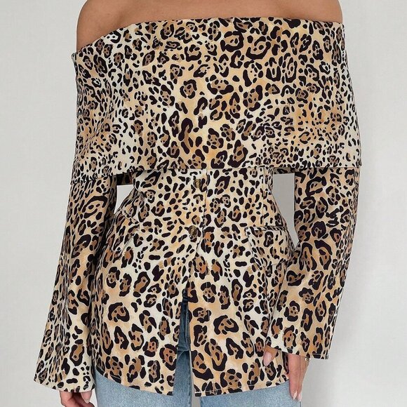 Brown Casual Women's One-Shoulder Leopard Print Long-Sleeved Jacket - Picture 4 of 5